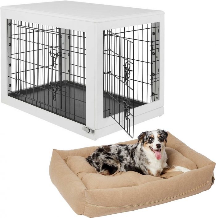 Heathered Woven Reversible Modern Zipper Bolster Bed, Tan + Double Door Furniture Style Dog Crate, White, Intermediate